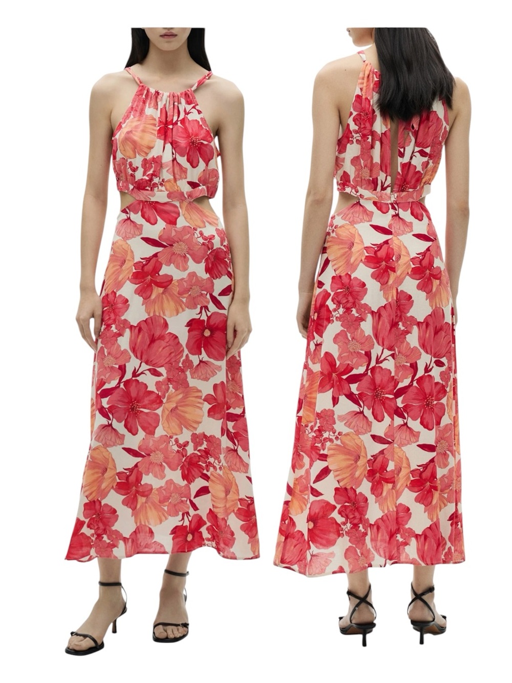 NEW MANGO Floral Halter Neck Cutaway Shoulders, Side Waist Cutout Maxi Dress 4